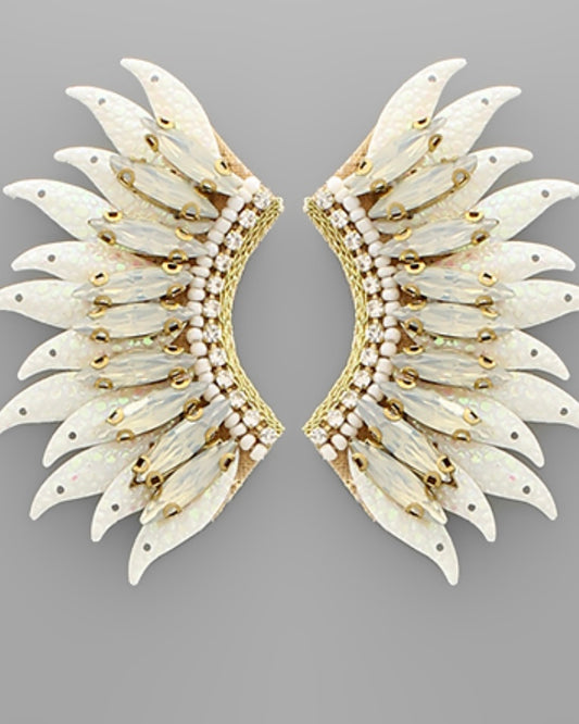 Sequin & Glass Wing Earrings- White