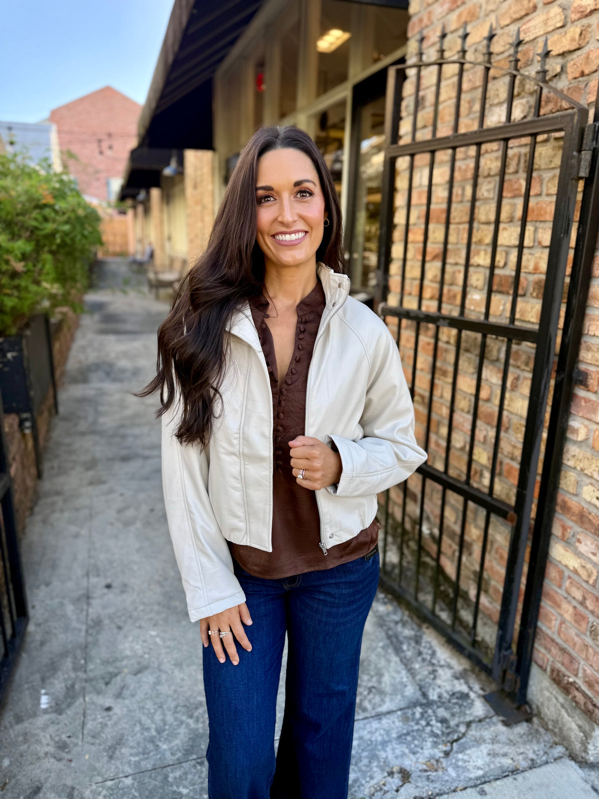 Philly Faux Leather Bomber Jacket- Ivory
