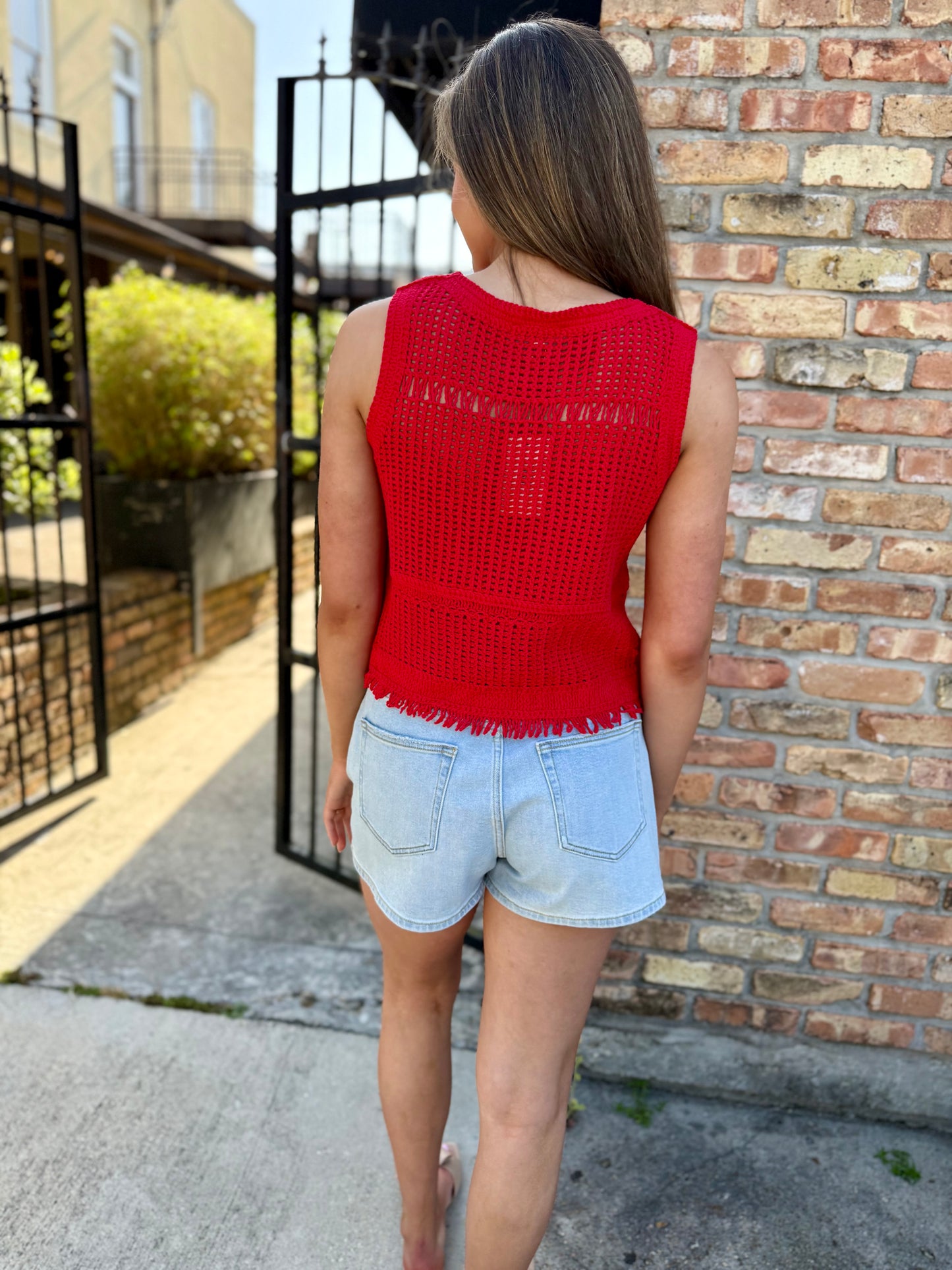 Conklin Crochet Fringe Tank- Red