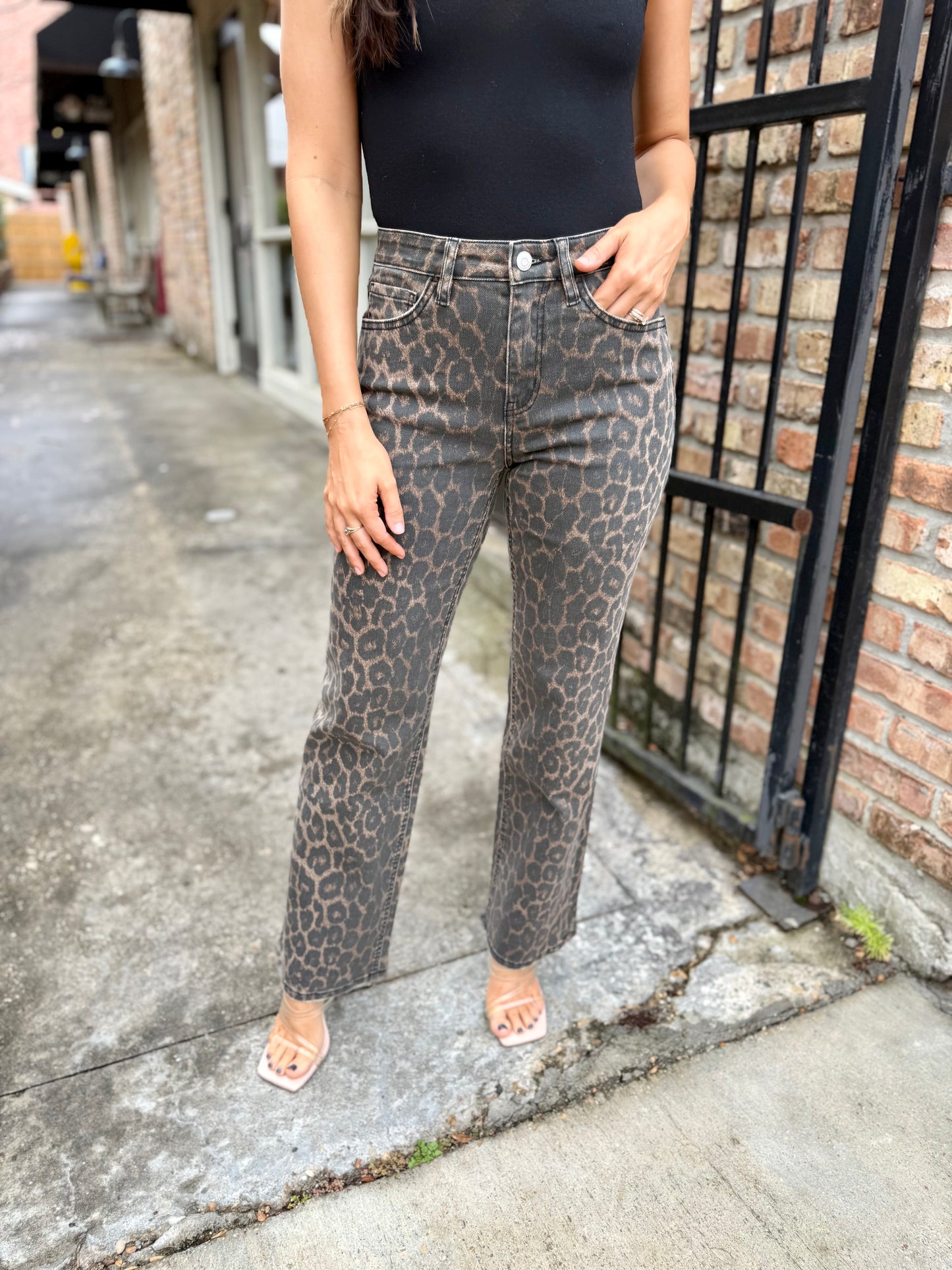 Dean Leopard HR Slim Wide Leg Denim