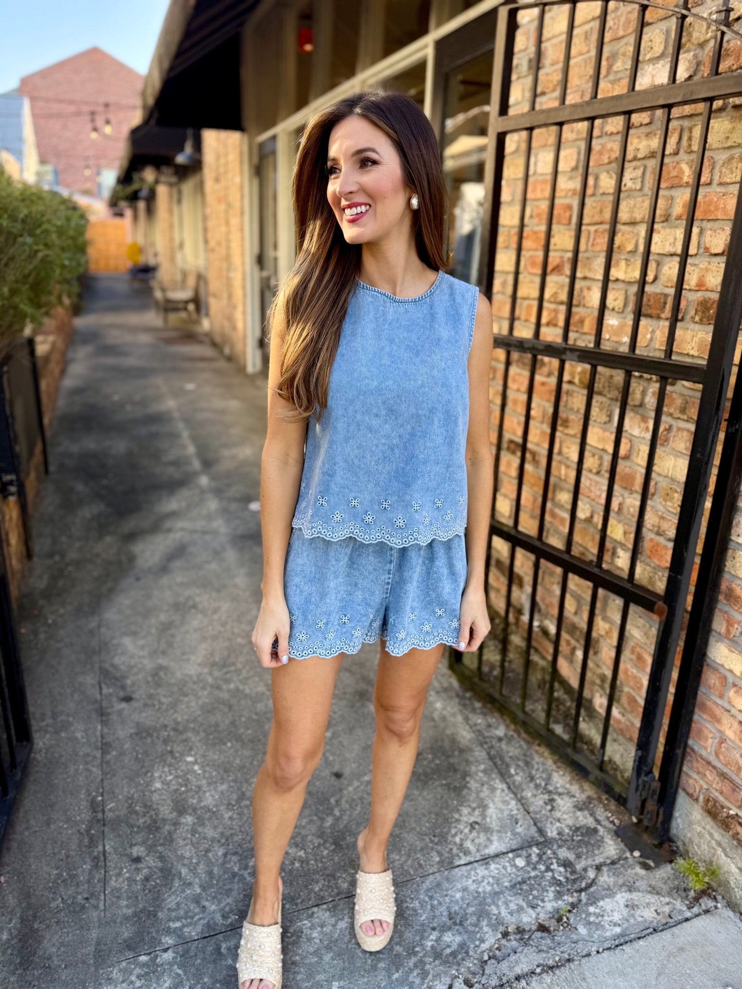 Embroidered Scalloped Denim Top