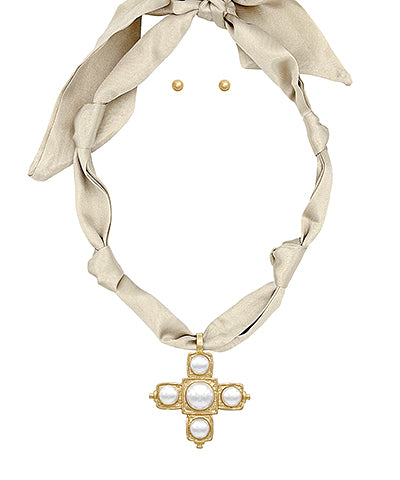 Scarf Necklace SET- Taupe/Baroque Cross