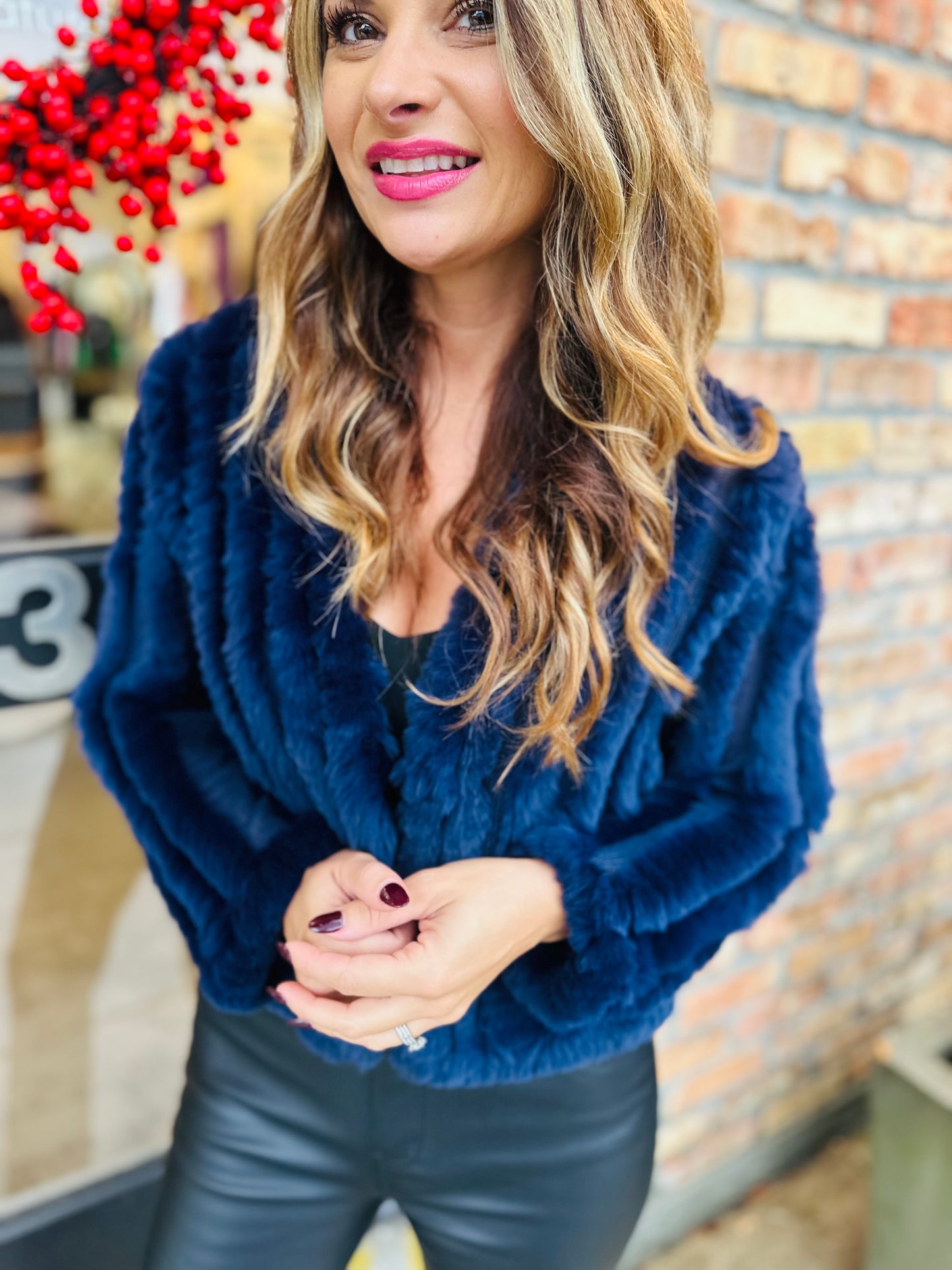 Rosa Faux Rabbit Fur Jacket- Indigo