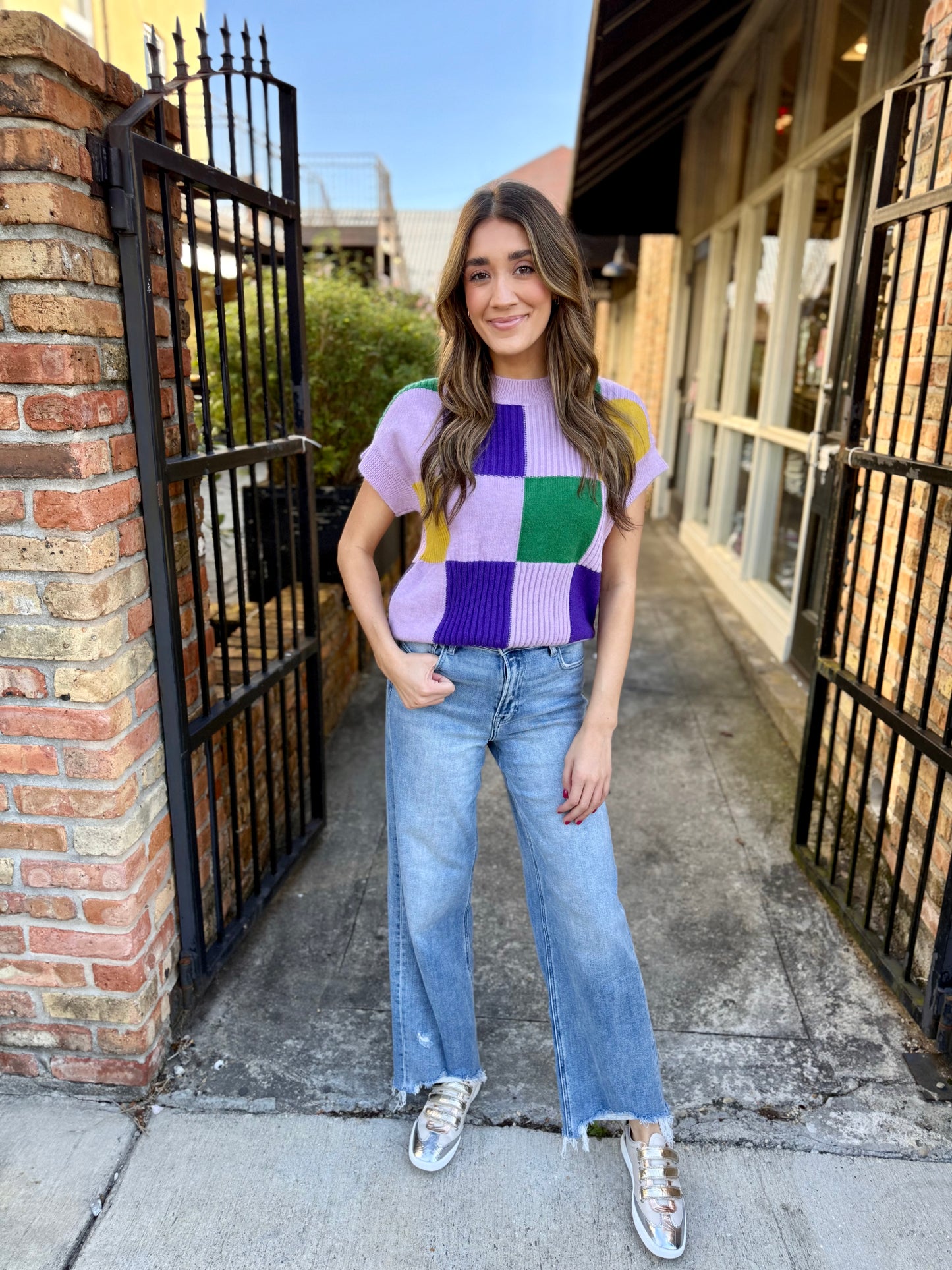 Cleopatra Checkered Sweater Top- Lavender