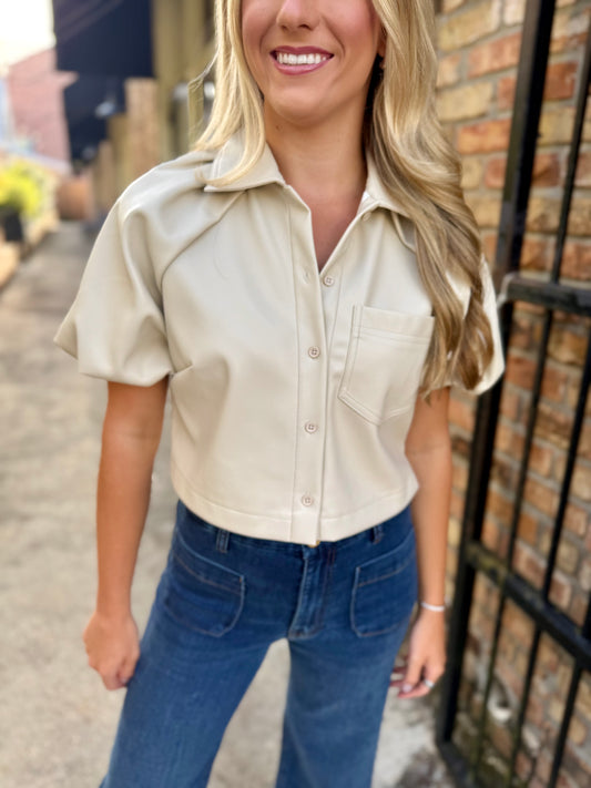 Reece Faux Leather Top- Bone