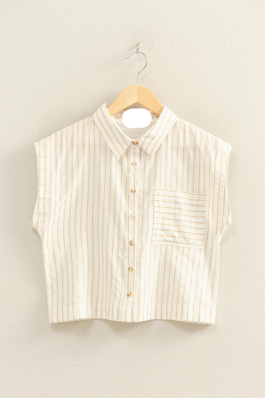 Barry Striped Button Up Top- Taupe
