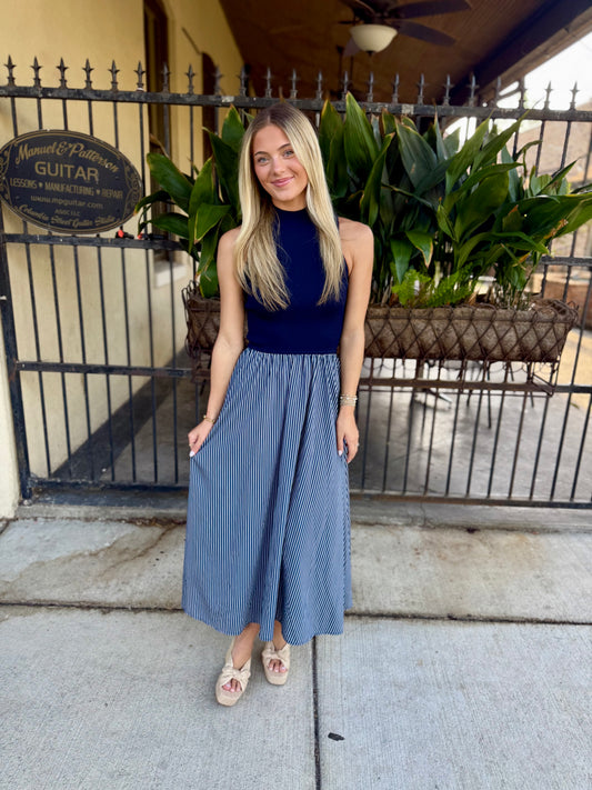 Hunter Maxi Mock Neck- Navy/White Stripe