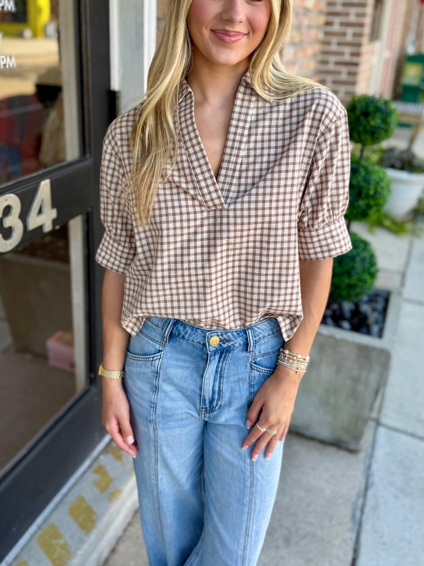 Johnny Gingham Top- Mocha Natural