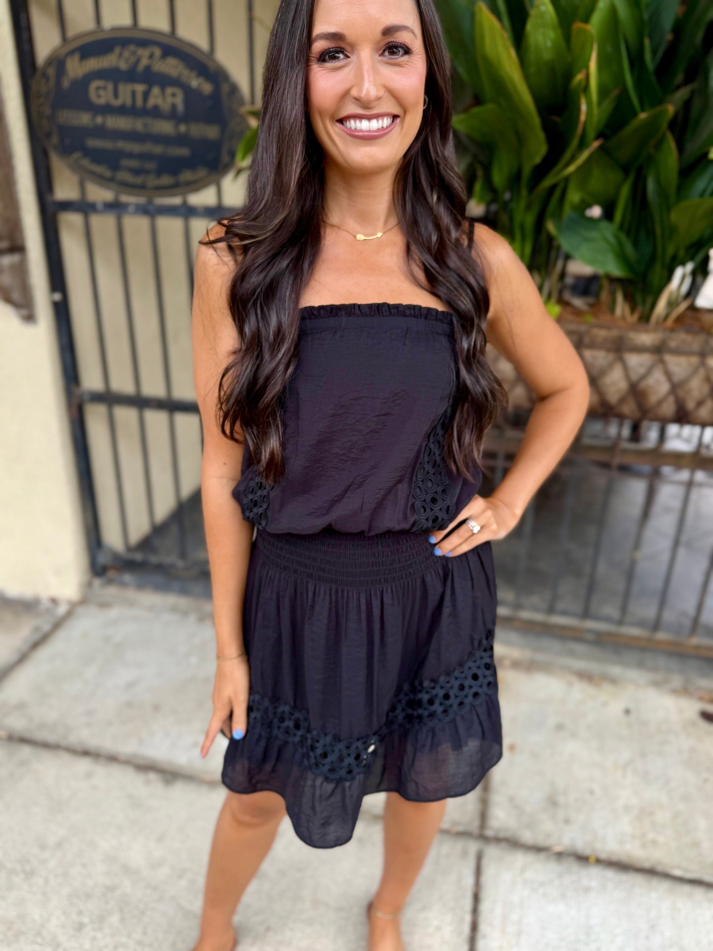 Eyelet Linen Mini Dress- Black