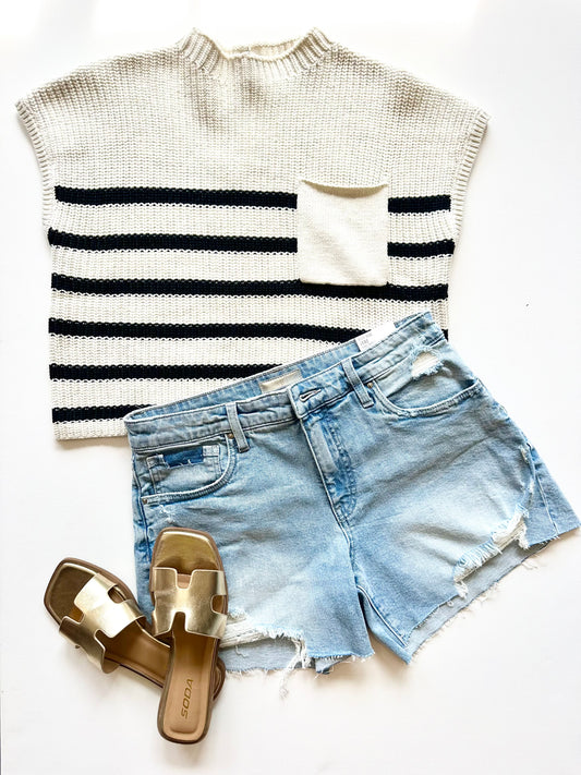 Banks Sweater Vest Top- White/Charcoal Stripe