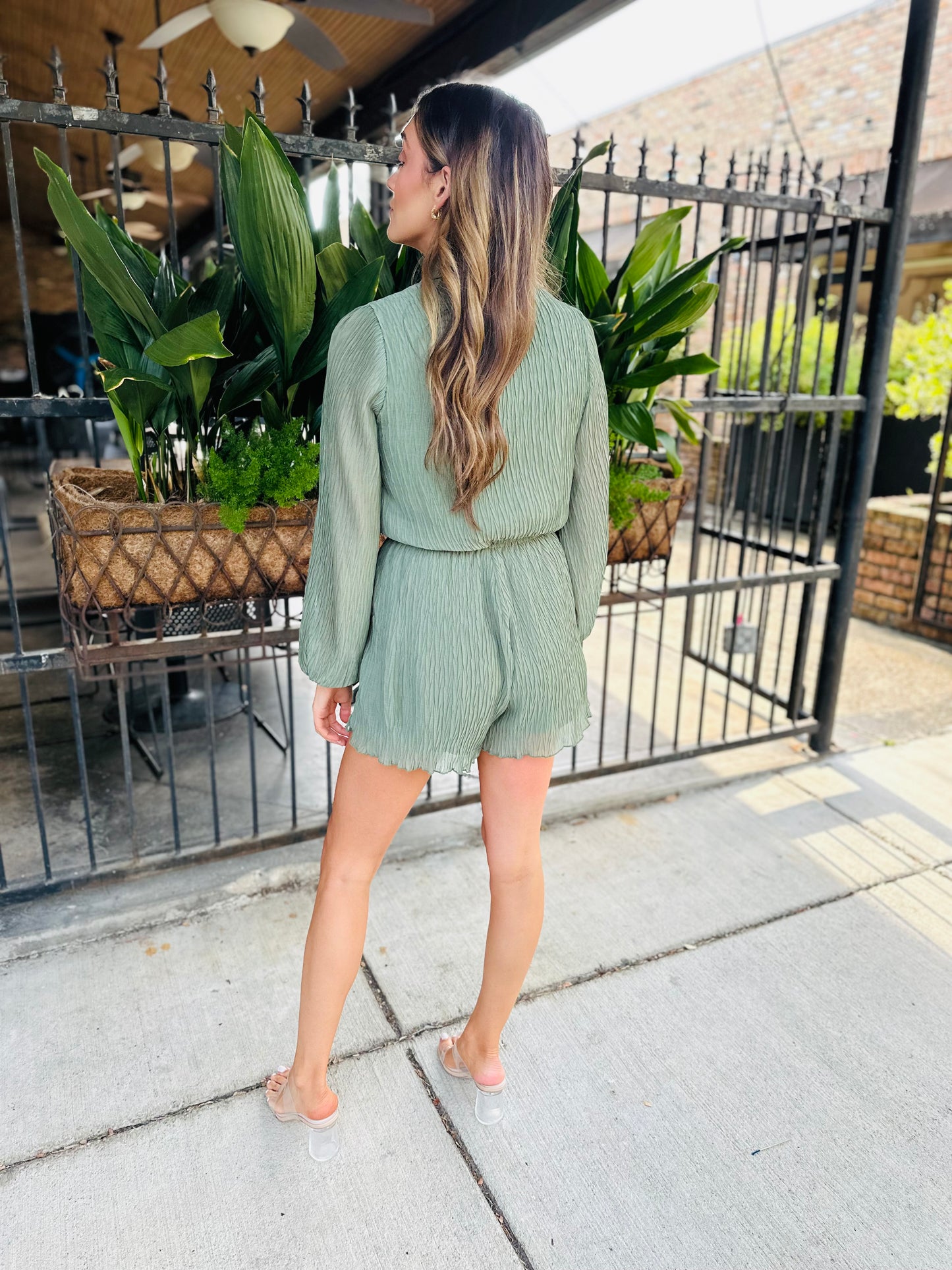 Gathering Button Up Romper- Dark Sage