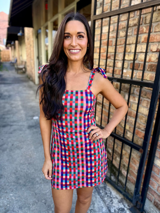 Multi Check Strap Mini Dress- Multi