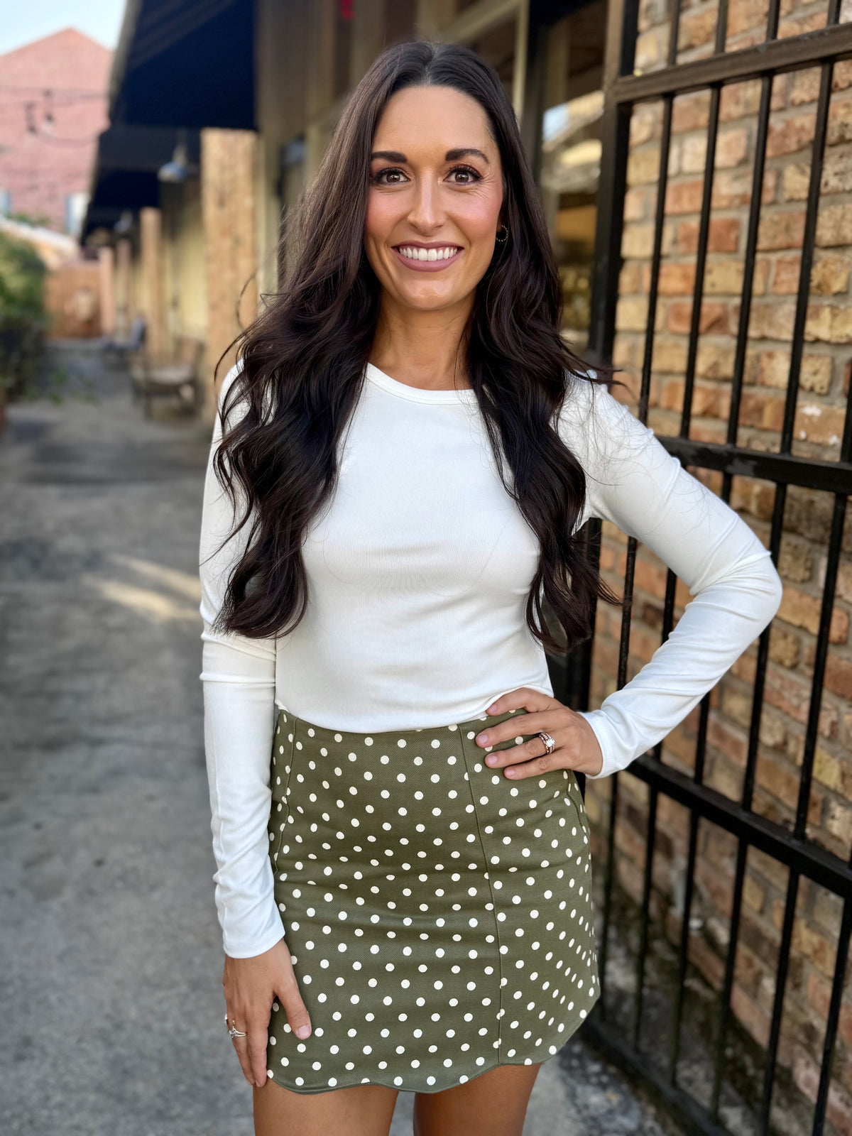 Polka Dot Scalloped Mini Skirt- Olive