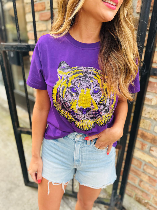 OG Sequin Tiger Head Shirt- Purple