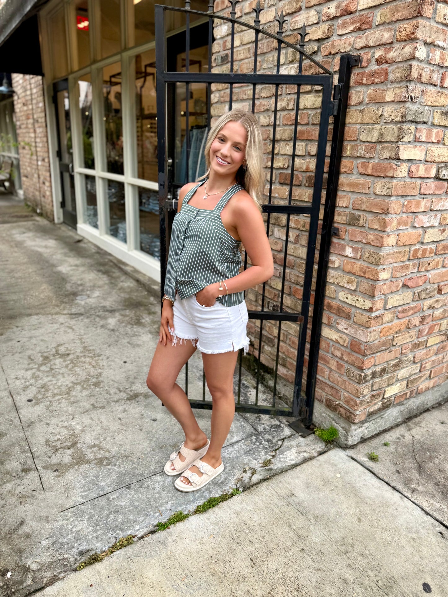 Lucille Striped Tank Top- Olive Green
