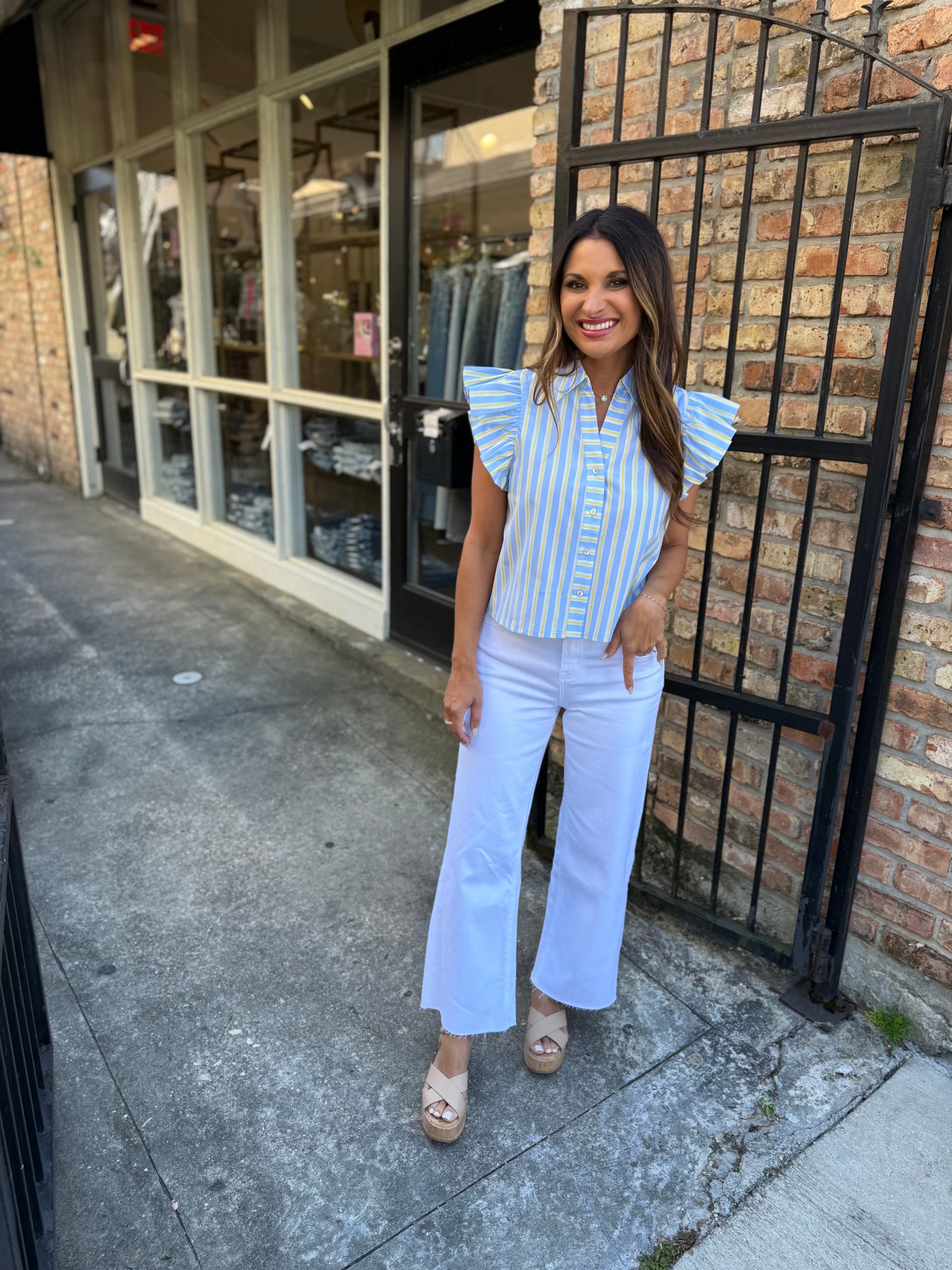 Fagan Flutter Sleeve Top- Blue/Yellow