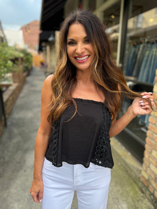 Doha Eyelet Flowy Tank- Black