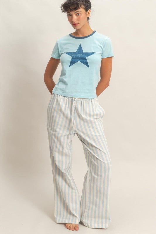 Vertical Striped Drawstring Pants- Blue