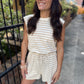 Luann Striped Drawstring Romper- Taupe