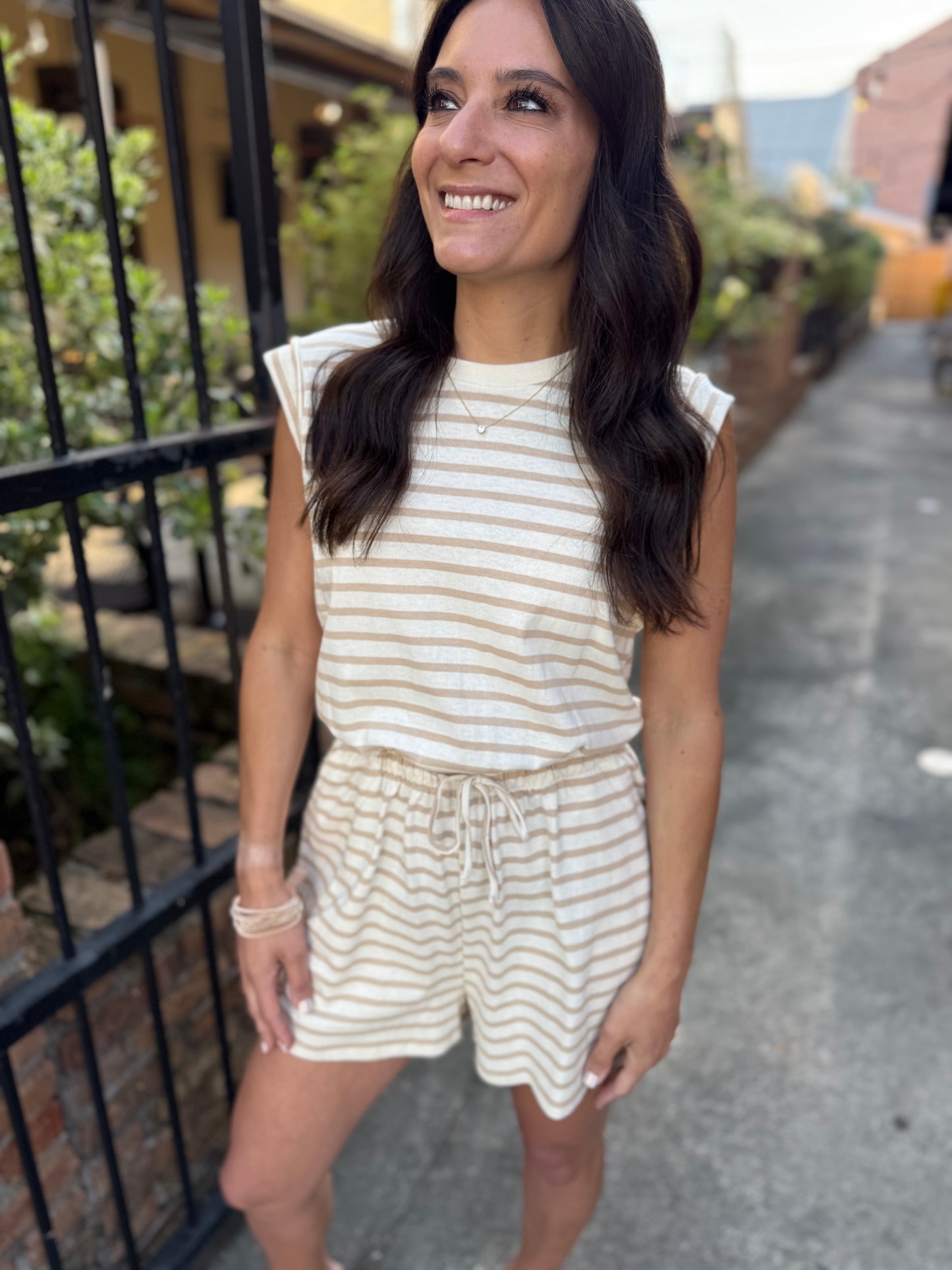 Luann Striped Drawstring Romper- Taupe
