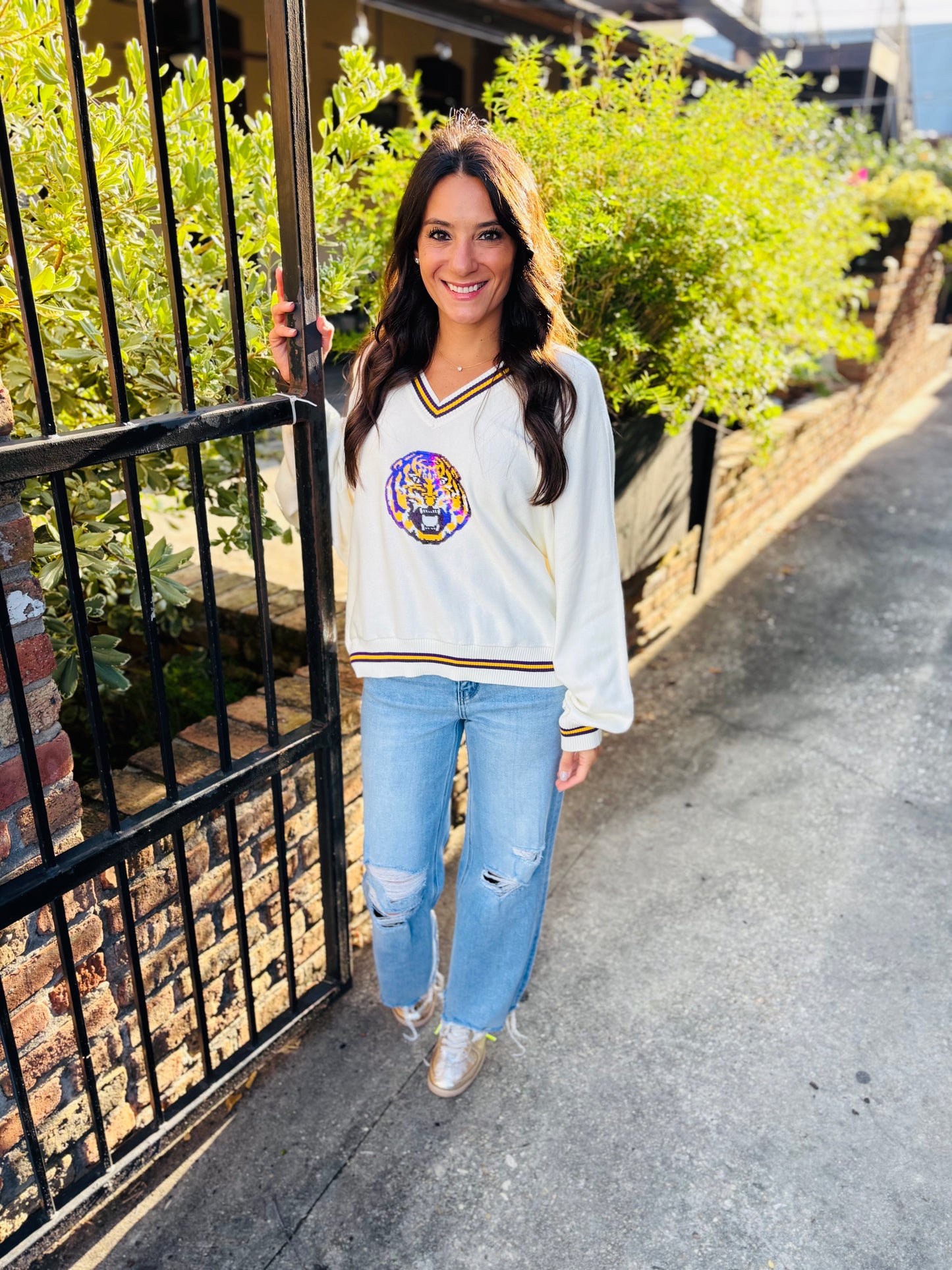 LSU V Neck Mascot Sweater- White