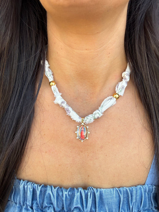 Scarf Necklace- Lavender/Our Lady of Guadalupe