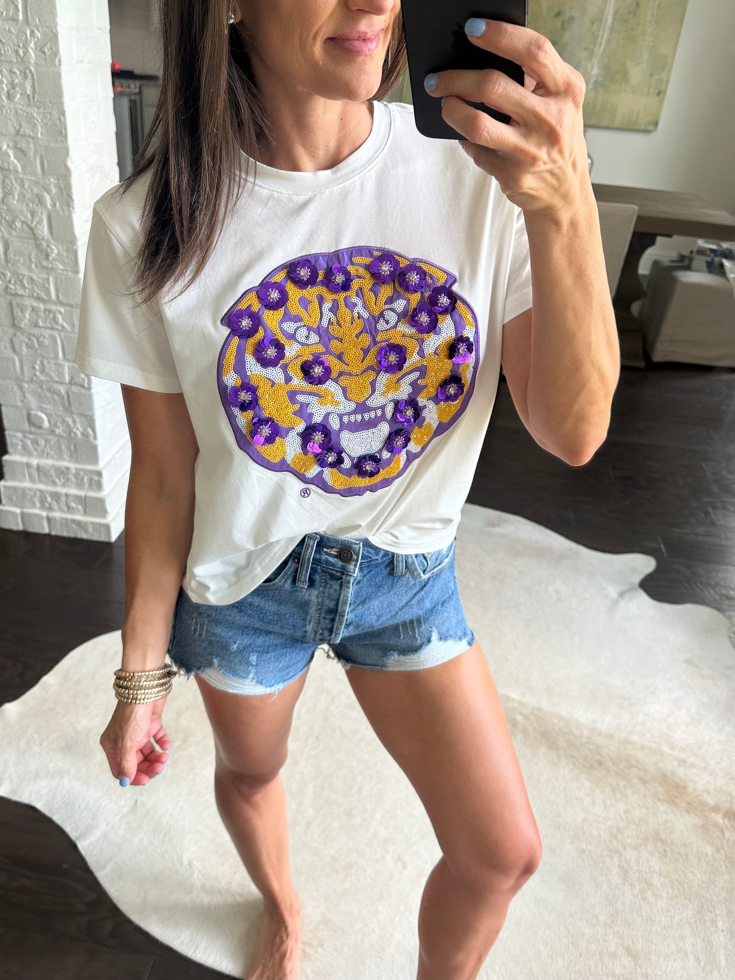 LSU Mascot Sequin Flower Tee- White