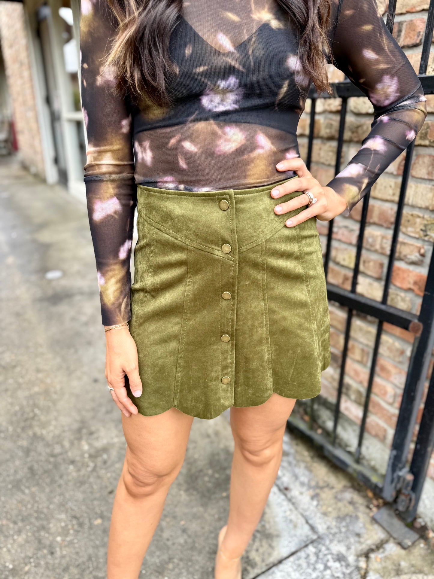 Scalloped Suede Mini Skirt- Olive