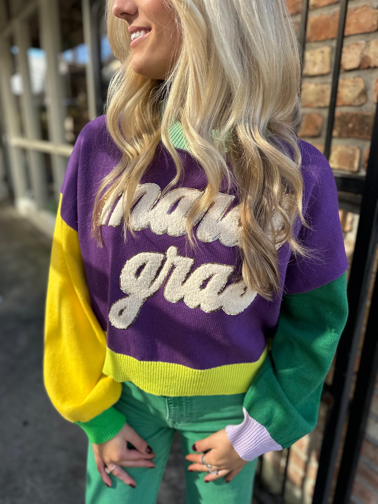 Mardi Gras Fuzzy Colorblock Sweater- Purple