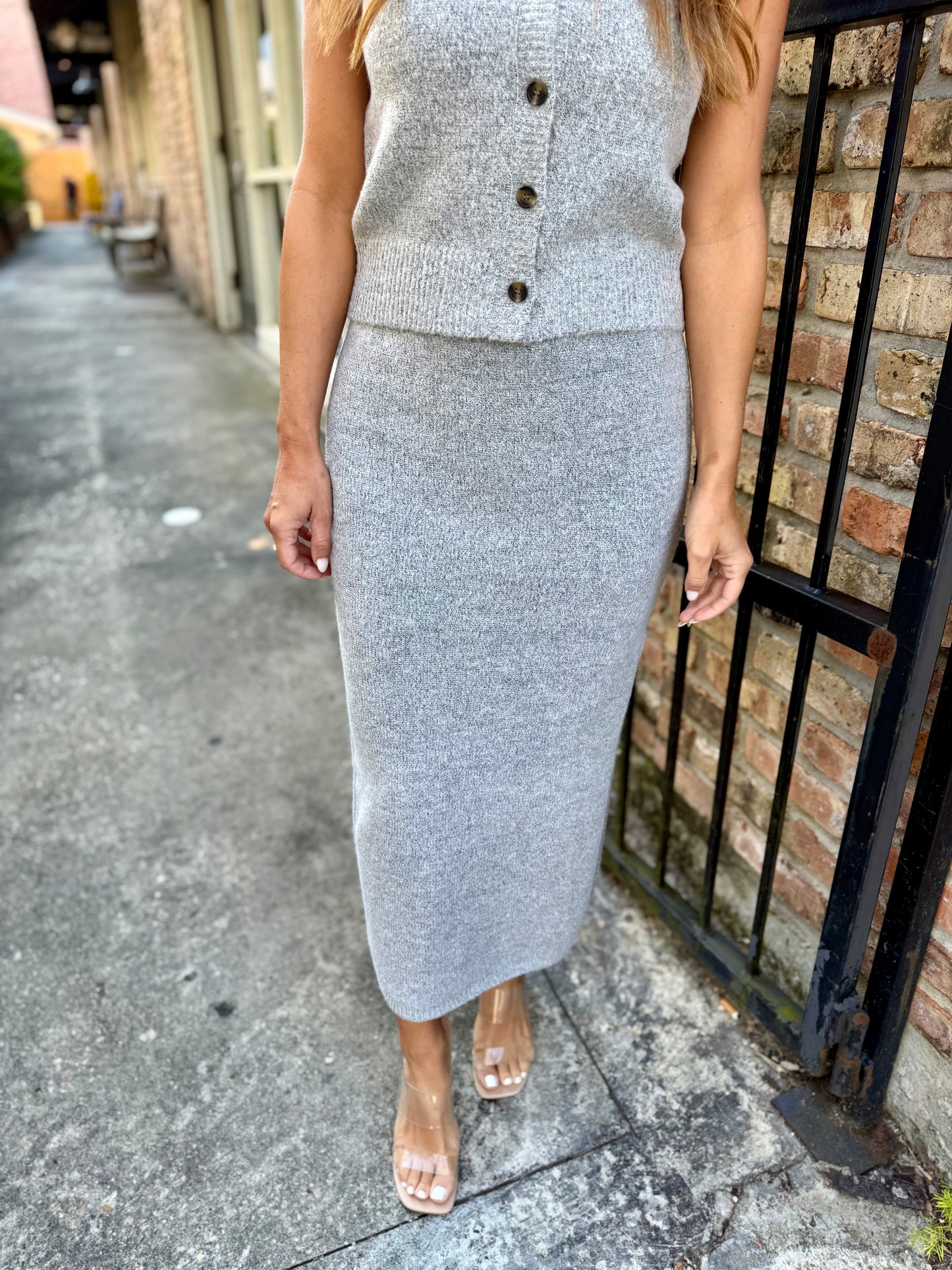 Beverly 2 PC Button Vest & Midi Skirt Knit Set- Gray