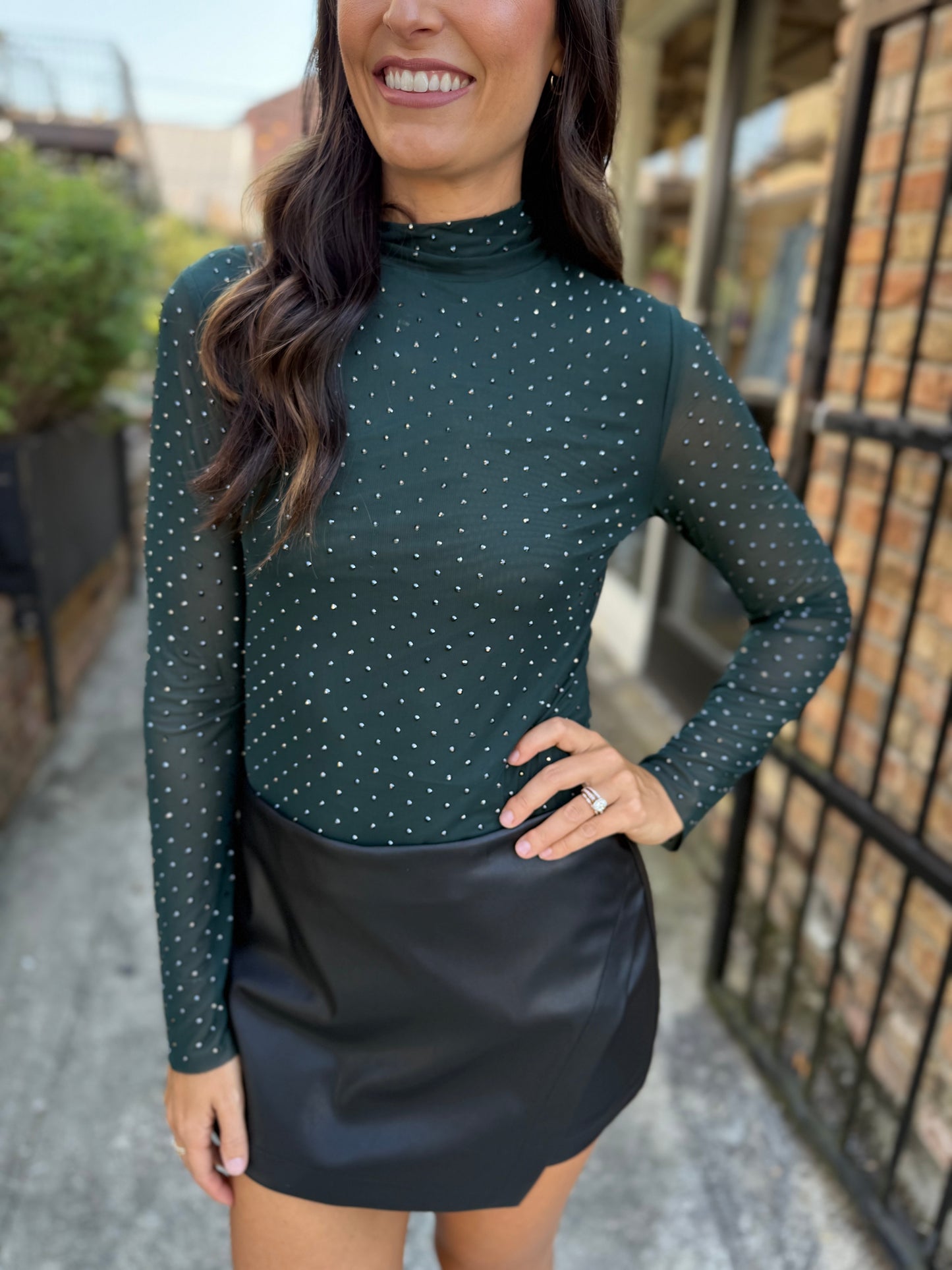 Embellished Mesh Mock Neck Top- Hunter Green