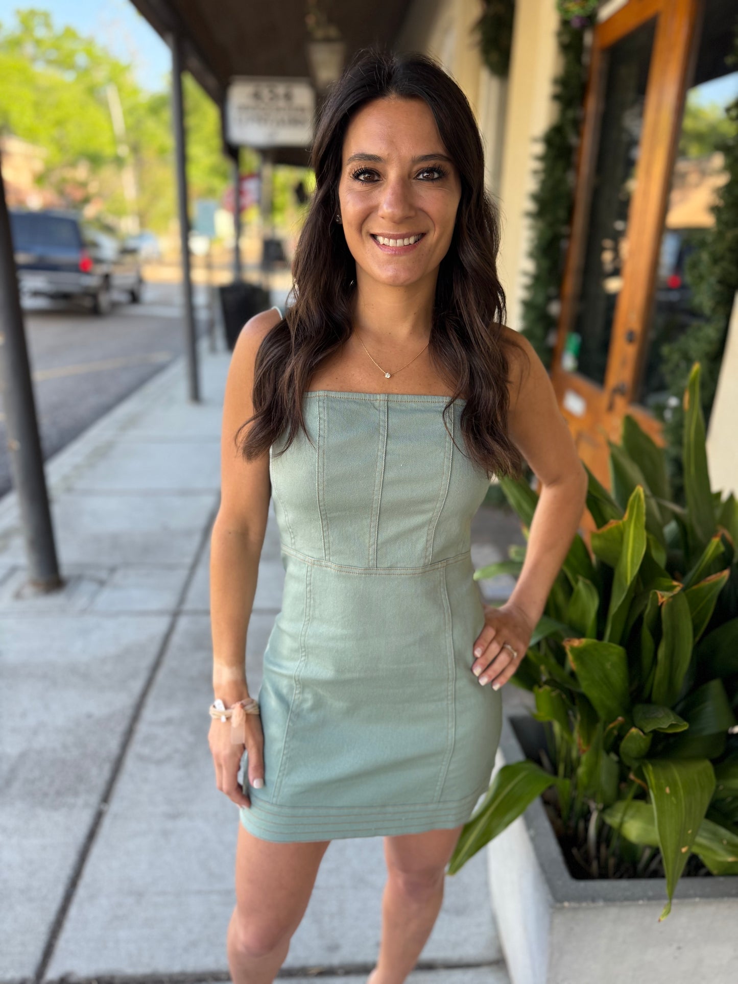 Alexa Contrast Stretch Denim Mini Dress- Mint