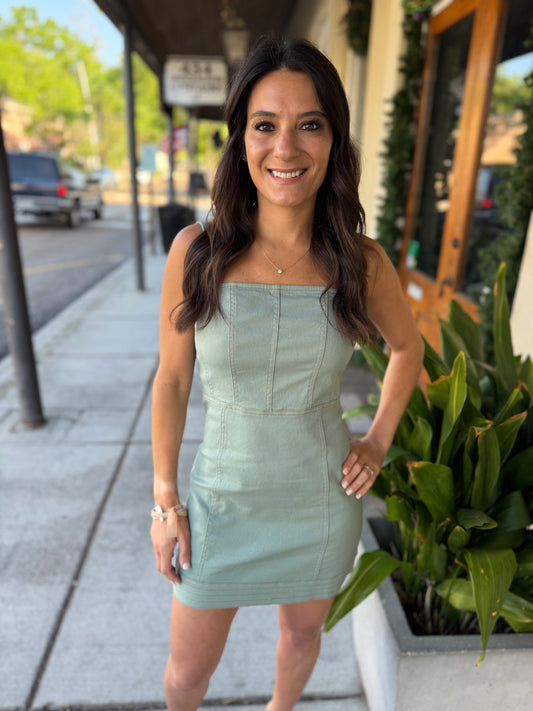 Alexa Contrast Stretch Denim Mini Dress- Mint