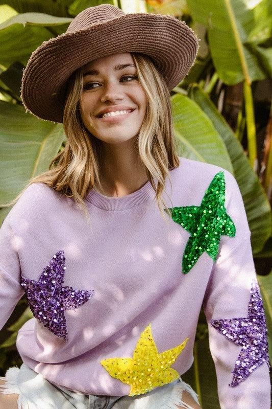 Velvet Sequin Star MG Sweater- Lavender