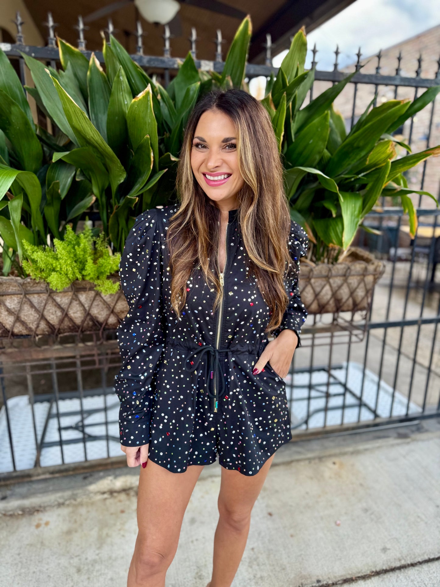 Scattered Rhinestone Romper- Black