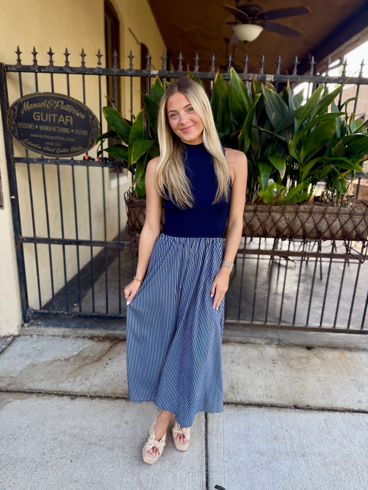 Hunter Maxi Mock Neck- Navy/White Stripe