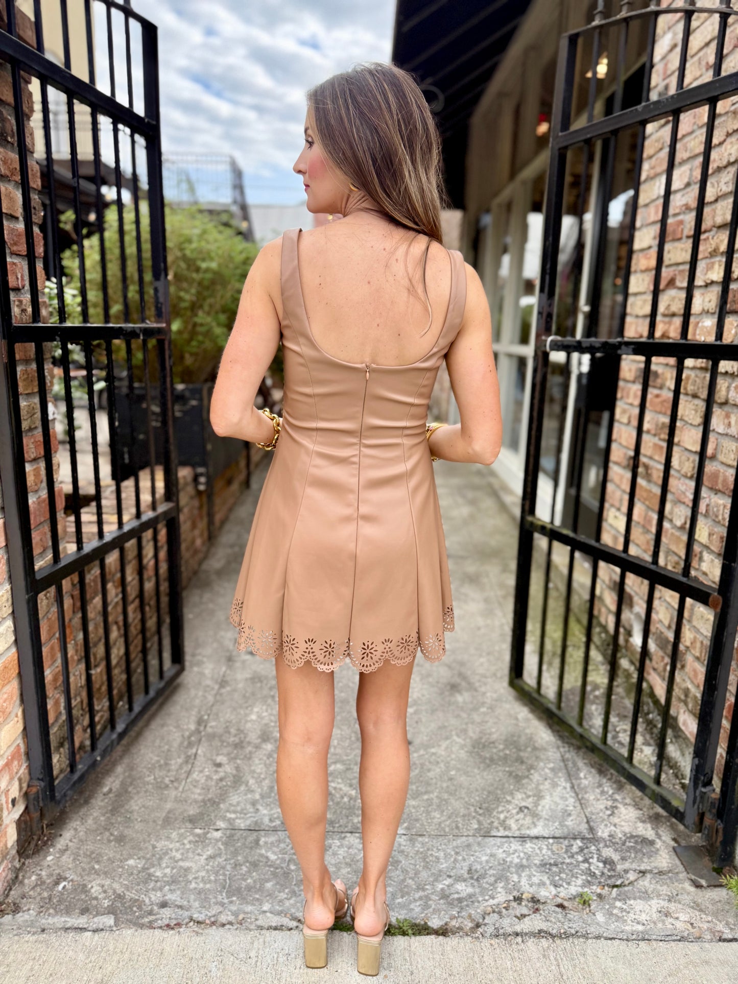 Lazer Cut Faux Leather Dress- Latte