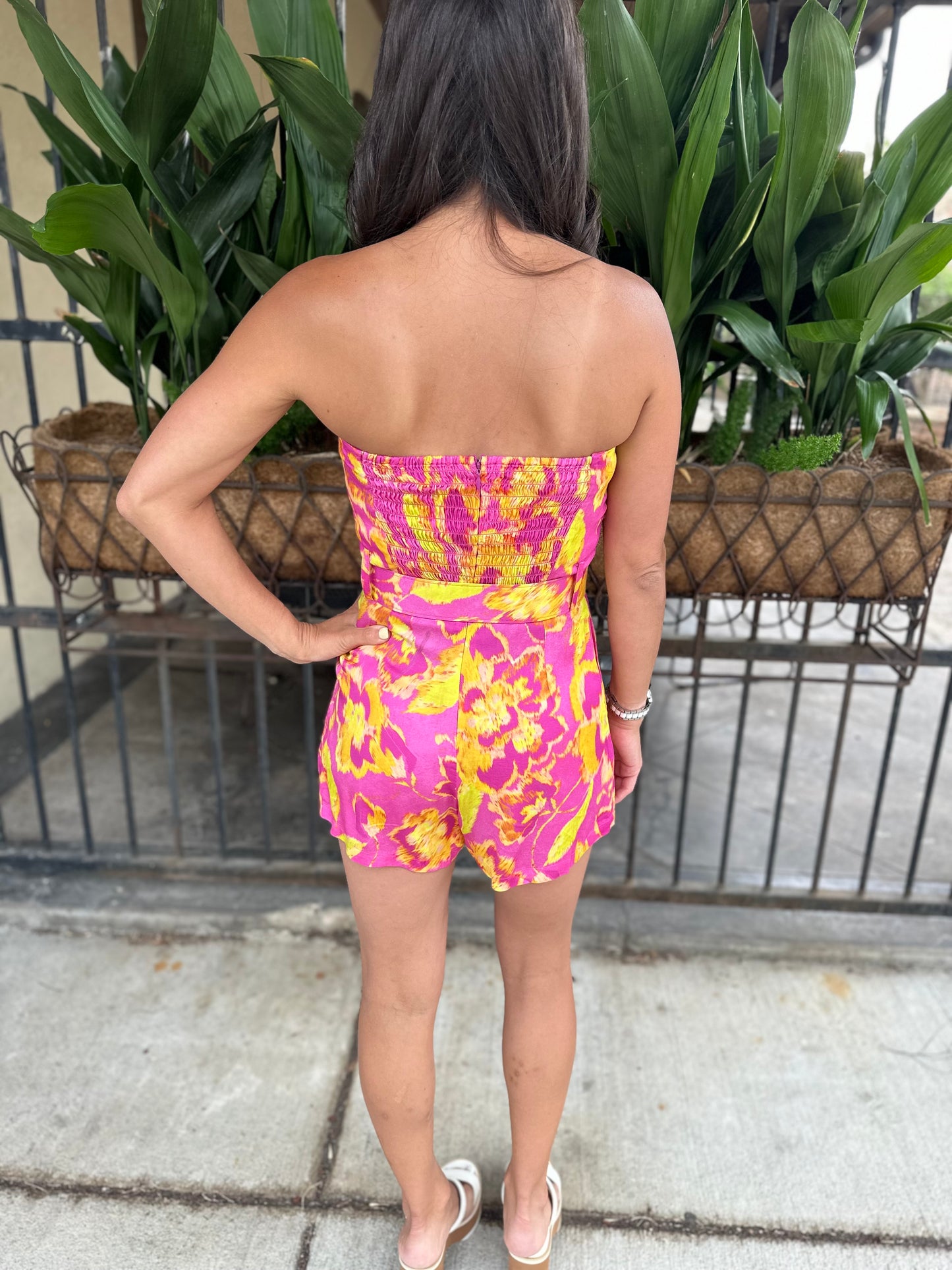 Alexis Belted Romper- Pink Yellow