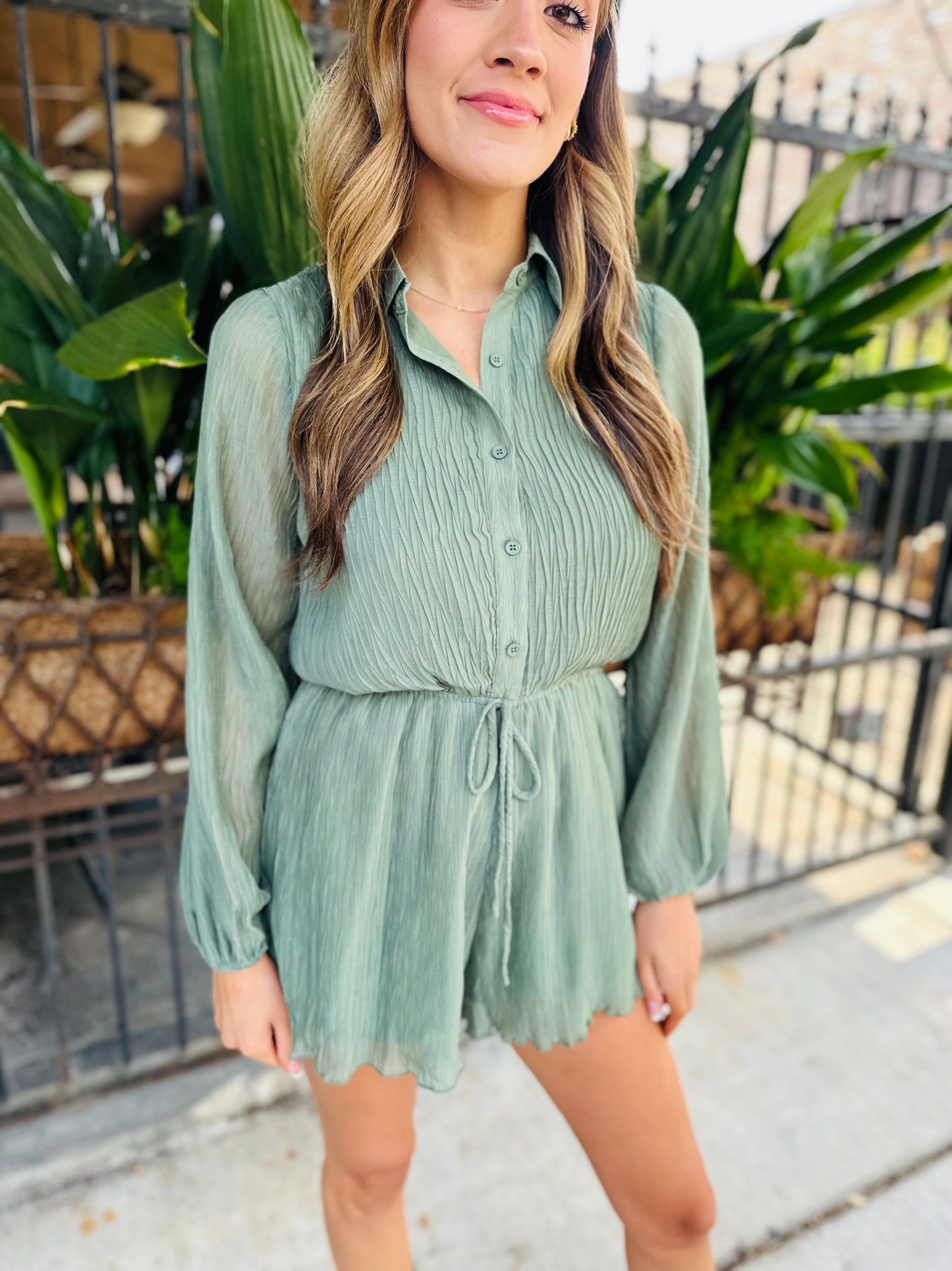 Gathering Button Up Romper- Dark Sage