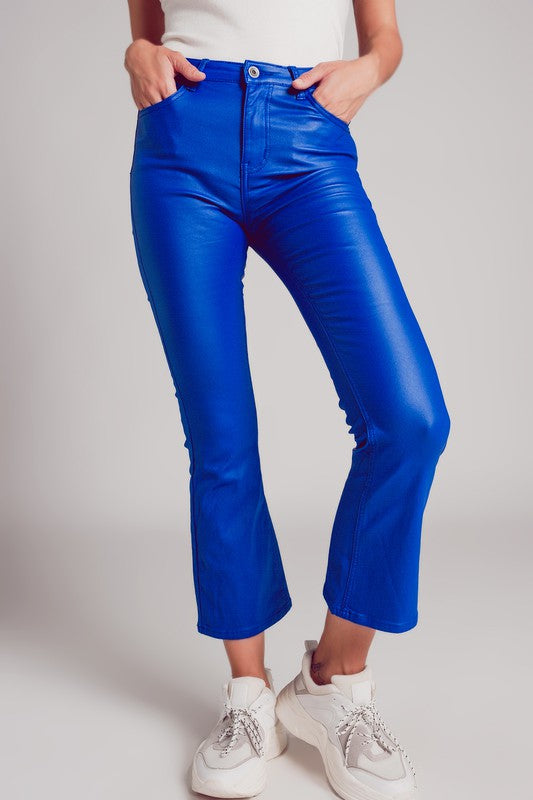 Paige Faux Leather Cropped Flare Pant- Blue