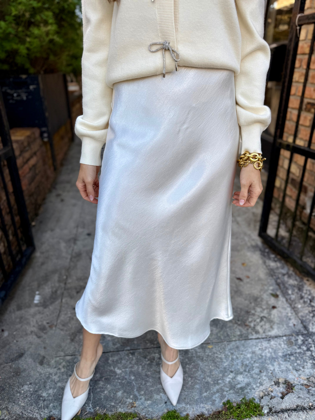 Sage Satin Maxi Skirt- Cream