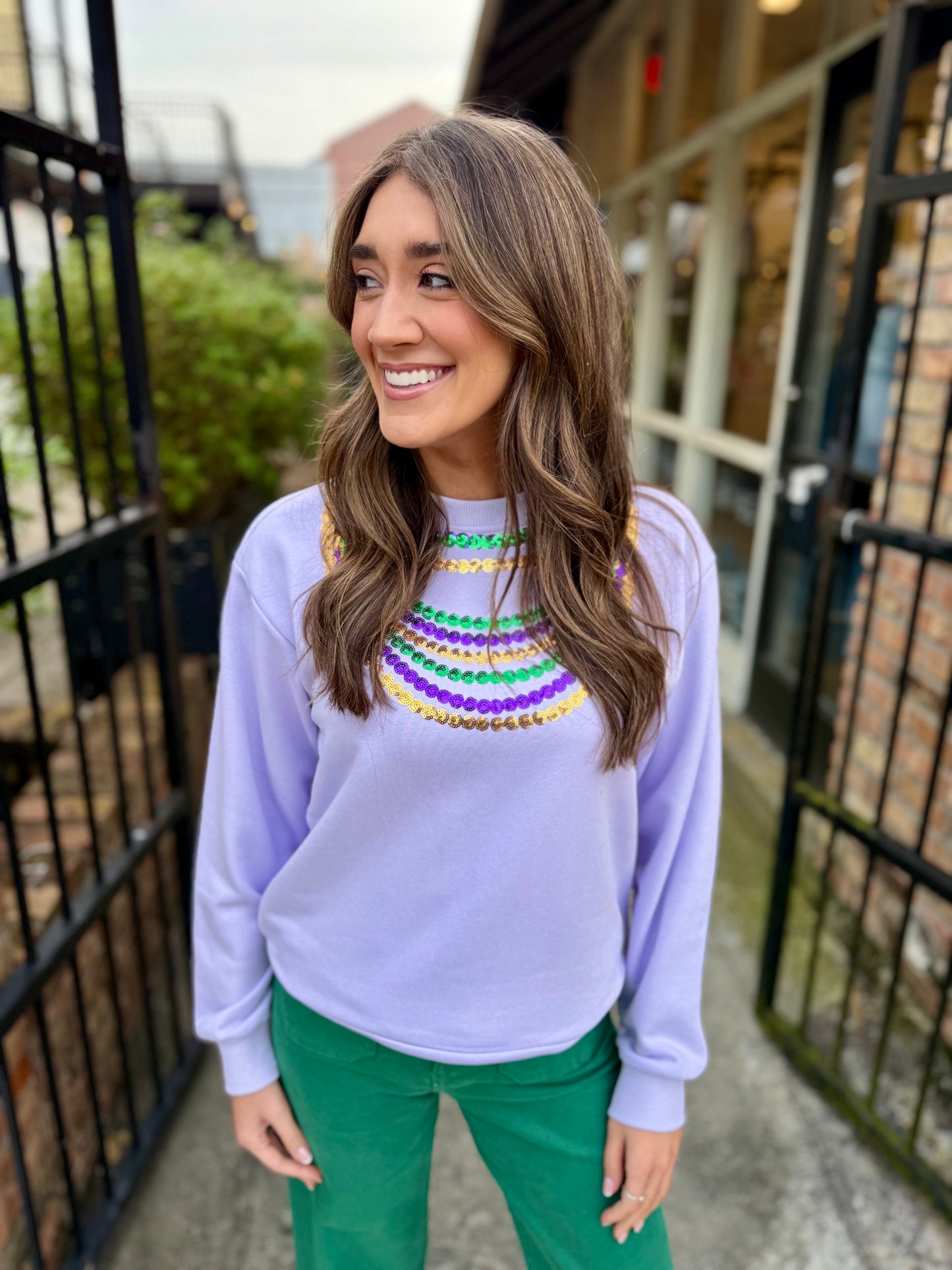 Mardi Gras Bead Sweatshirt- Lavender
