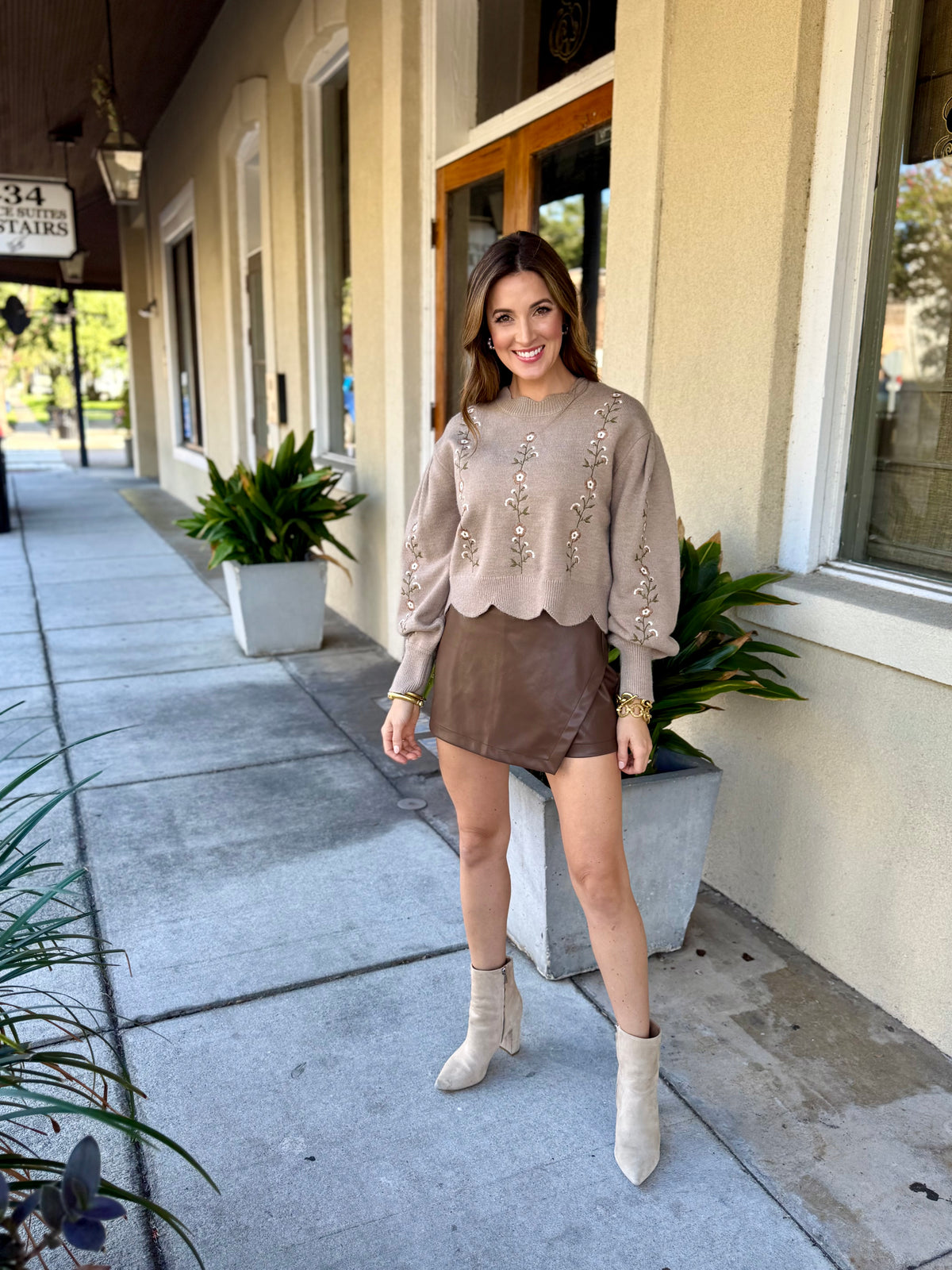 Floral Embroidered Scallop Detail Knit Top- Mocha