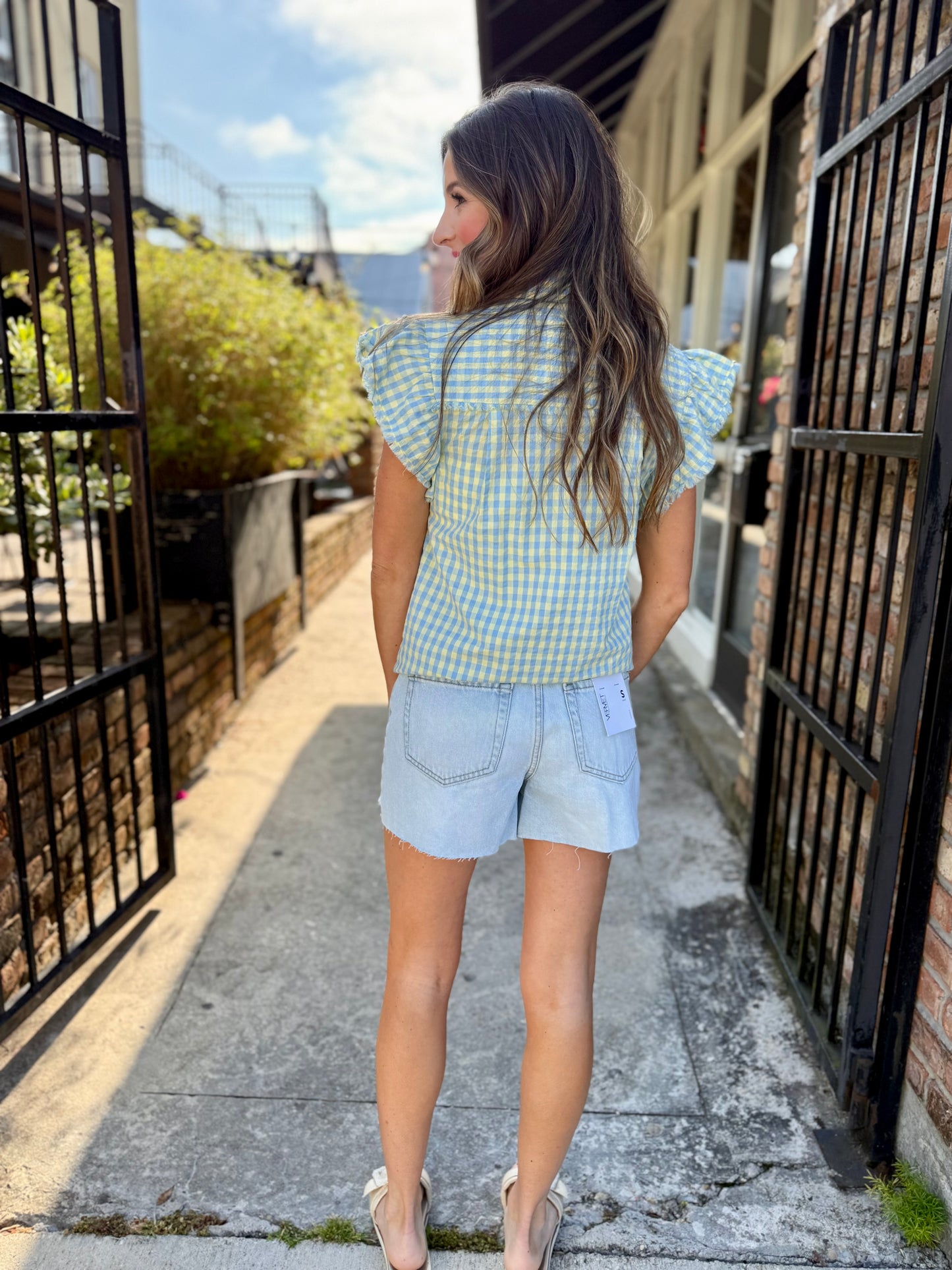 Burb Gingham Flutter Sleeve Top- Blue/Yellow