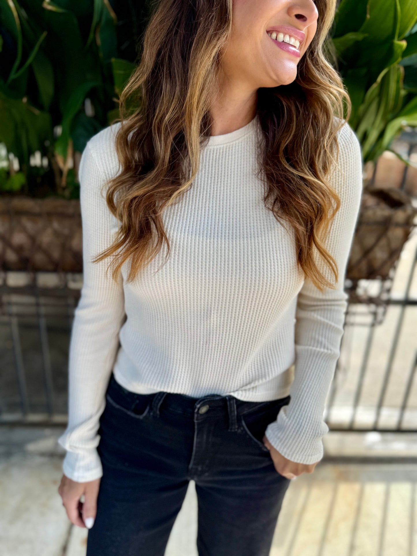 Mineral Waffle Knit Long Sleeve Top- Alpaca/Ivory