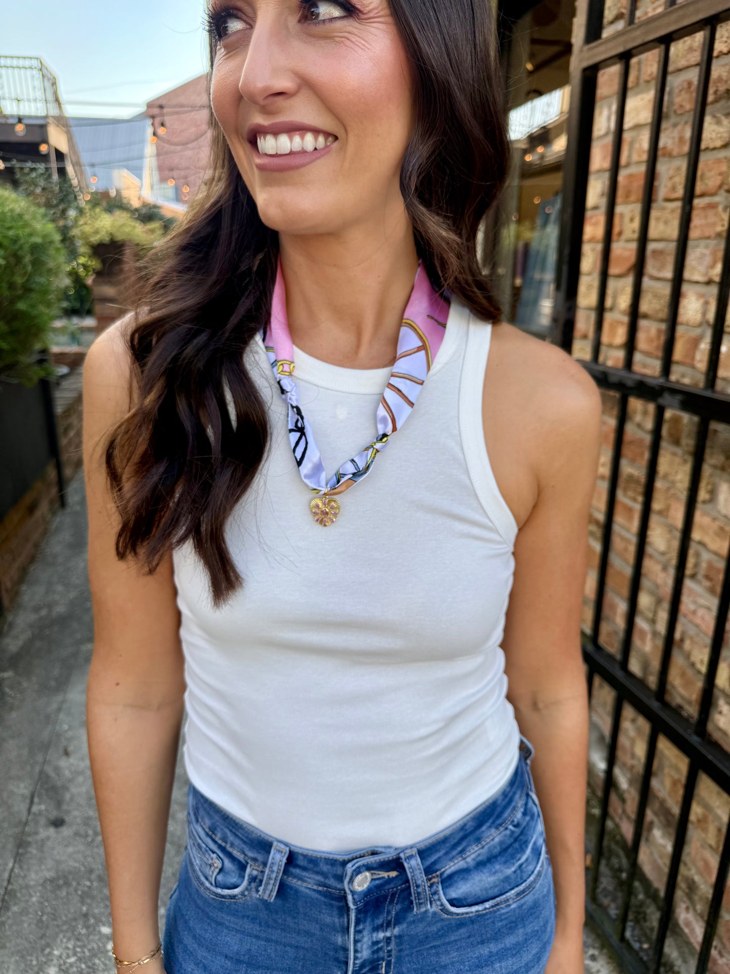 Scarf Necklace- Chain/Pink Stone Heart