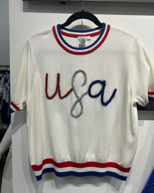 USA Glitter Script Sweater Top