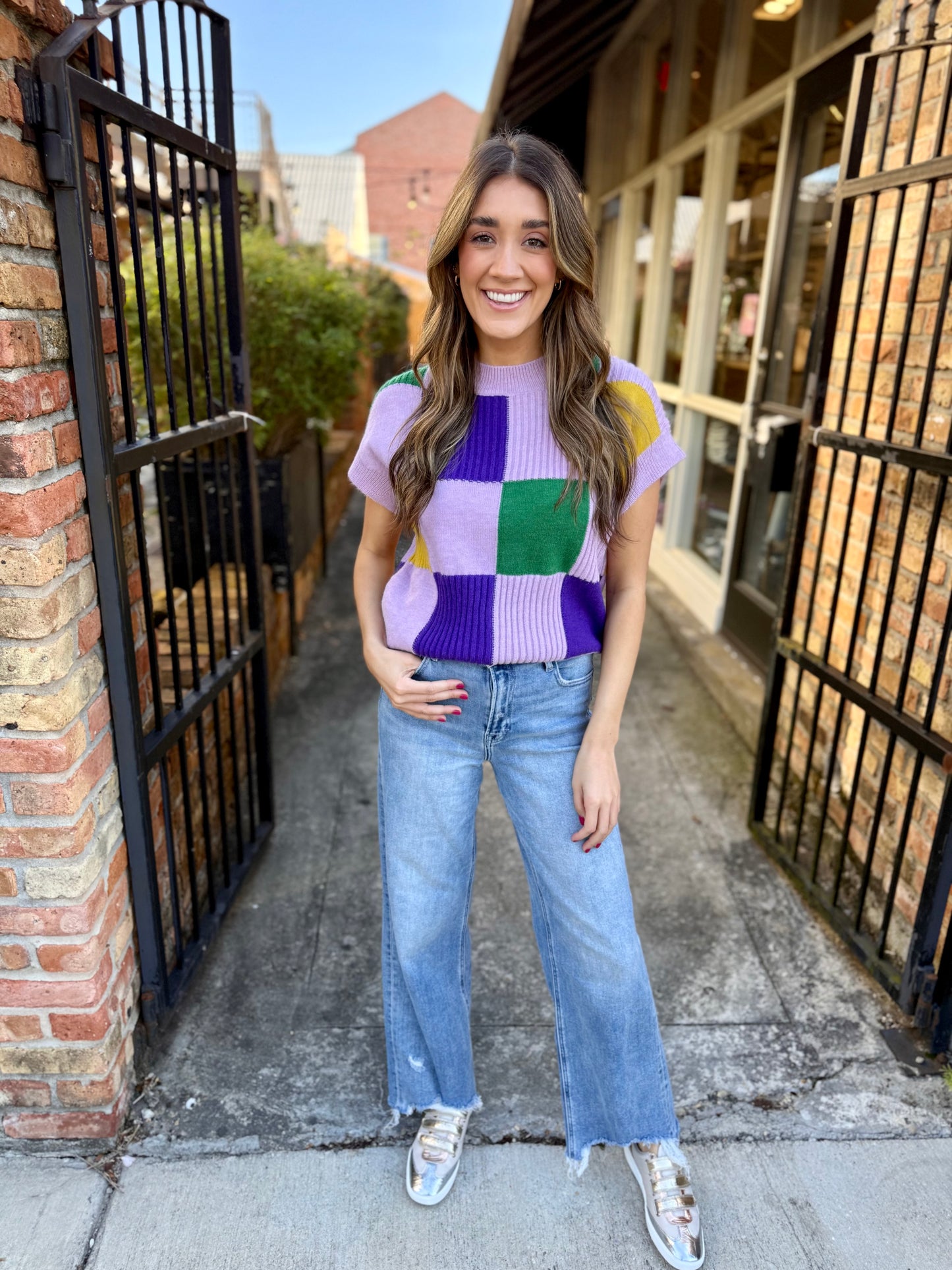 Cleopatra Checkered Sweater Top- Lavender