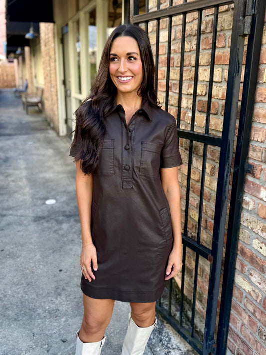 Tatiana Faux Leather Dress- Chocolate