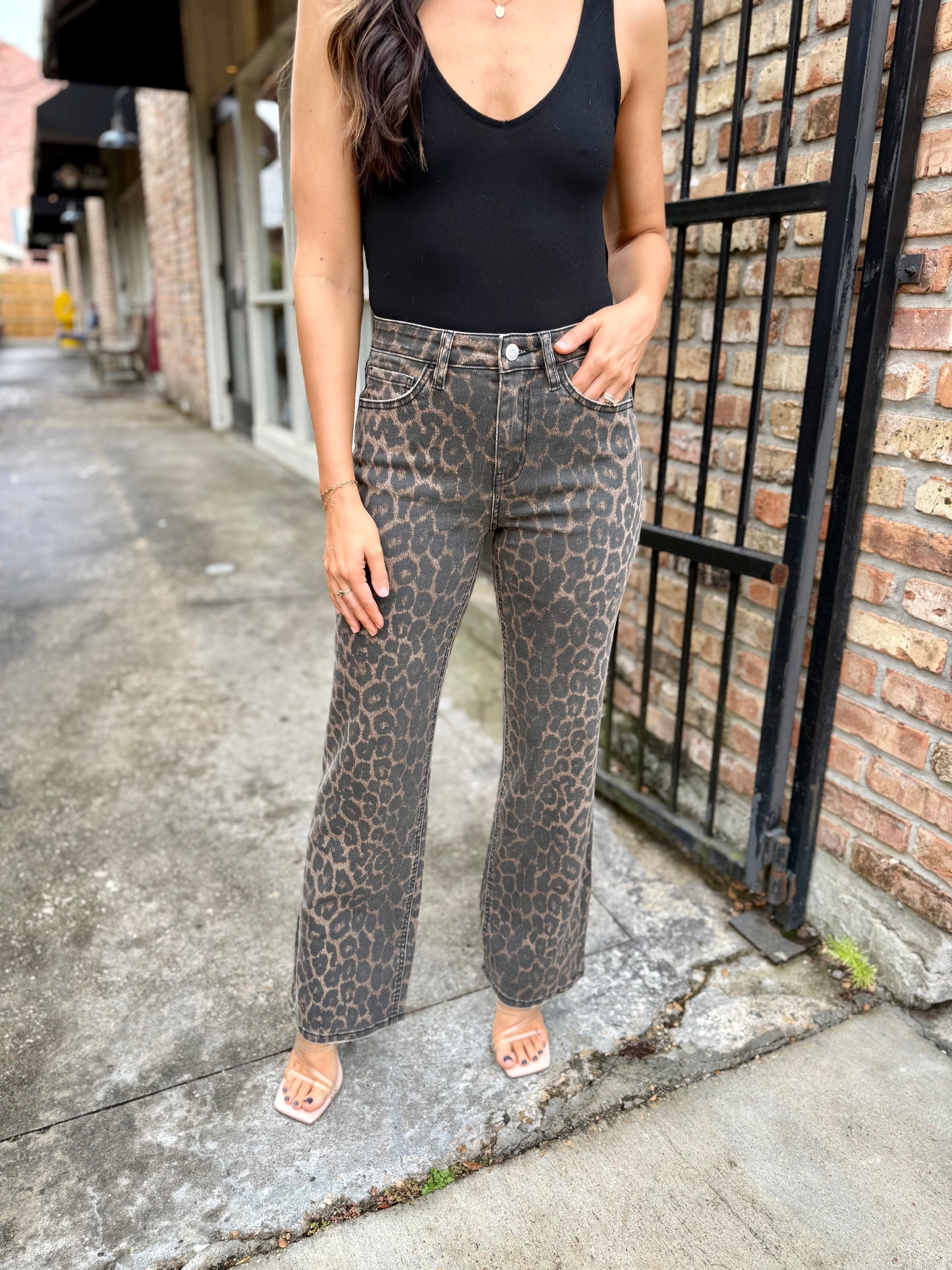 Dean Leopard HR Slim Wide Leg Denim